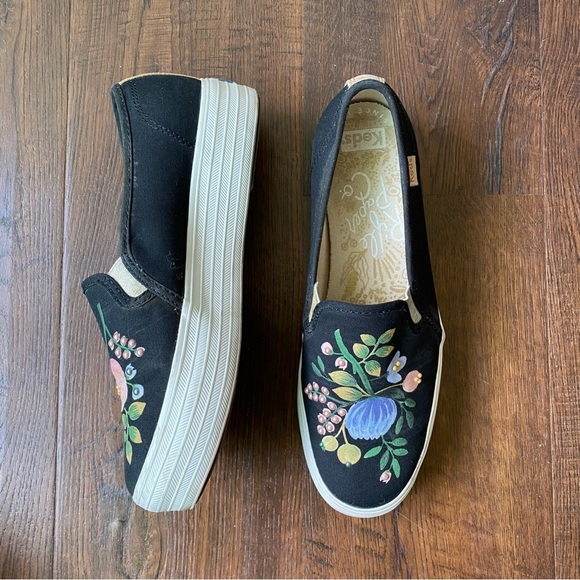 Rifle Paper Co. X Keds Floral Beaded Platform Slip On Black Sneakers SZ 6 - Picture 10 of 15